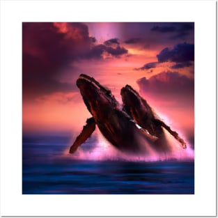 Humpback Whales Breaching at Dramatic Sunset Posters and Art
